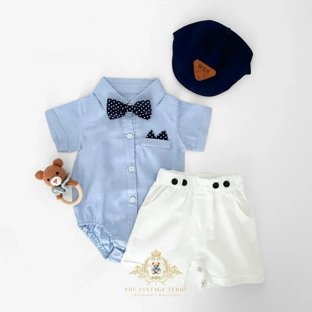 NWT Handsome Boys Oxford Button Down Onesie One-Piece & Shorts Matching Set 3-6M